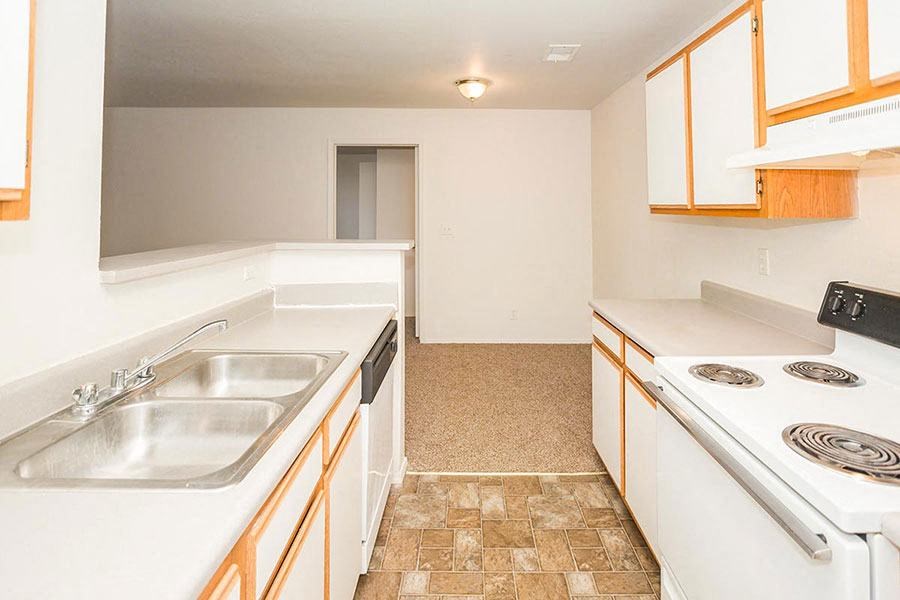 A kitchen with a stove, sink, and cabinets.