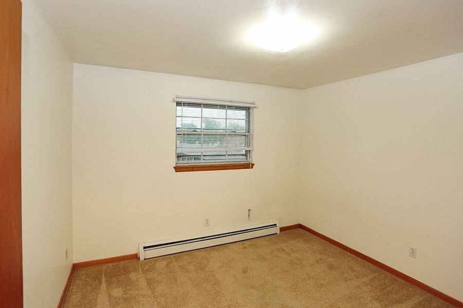 an empty room with a window and a carpet
