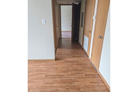 A hallway with wood flooring and white walls.