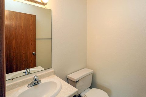 A bathroom with a toilet, sink, and mirror.