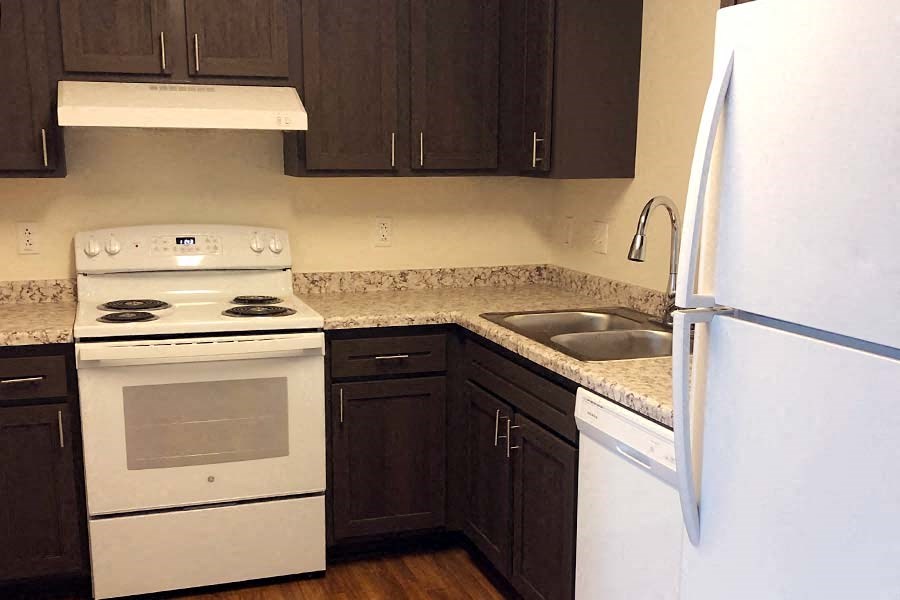 a kitchen with a stove refrigerator and a sink