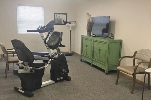 A room with a stationary bike, a chair, and a green cabinet.