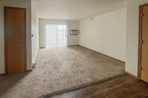 A room with a carpet and a door.