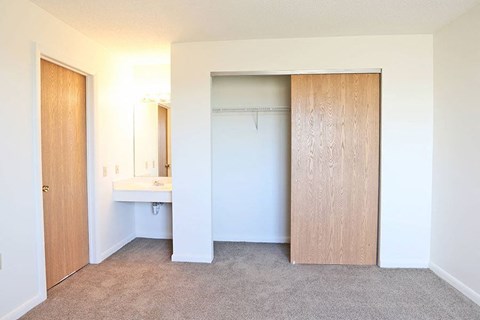 an empty bedroom with a closet and a sink