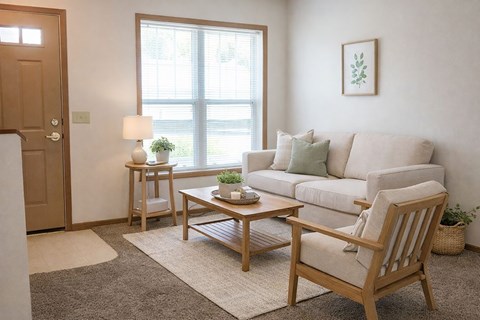 A living room with a white couch, a wooden chair, and a small table with a plant on it.