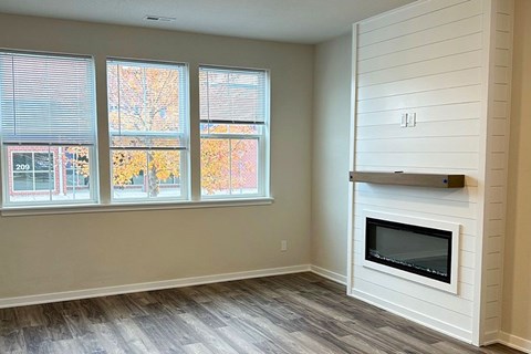A room with a fireplace and a window showing trees outside.