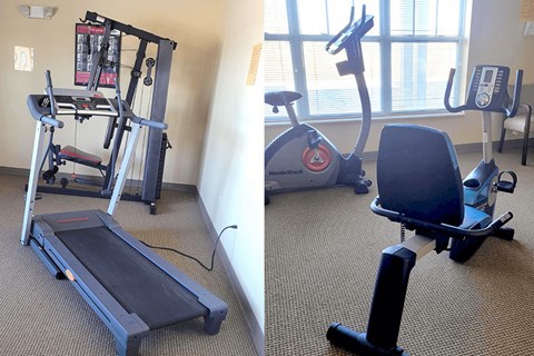 A treadmill and a stationary exercise bike are in a room.