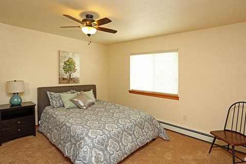 a bedroom with a bed and a ceiling fan