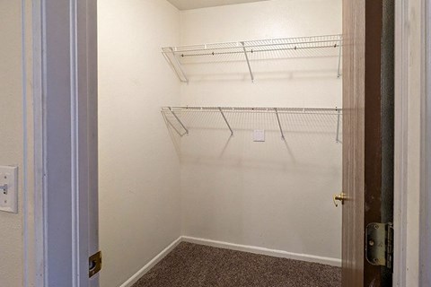 A white wall with three shelves and a door.