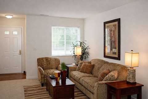 A living room with a couch, chair, and lamp.