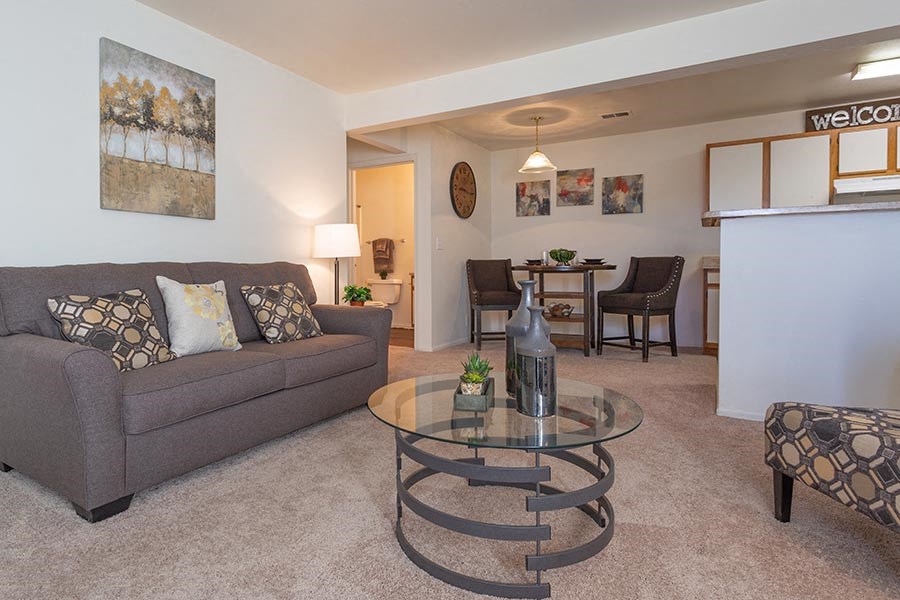 a living room with a couch and a glass table