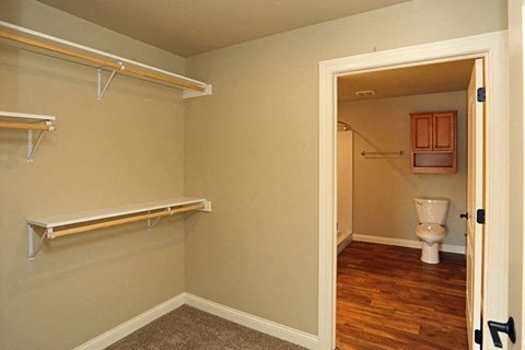 A room with a toilet and a closet with shelves.