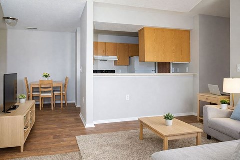 A living room with a grey couch, a wooden coffee table, a television, and a kitchen area in the background.