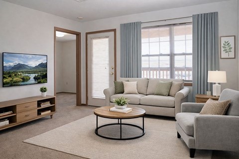 A living room with a grey couch, a coffee table, and a painting on the wall.