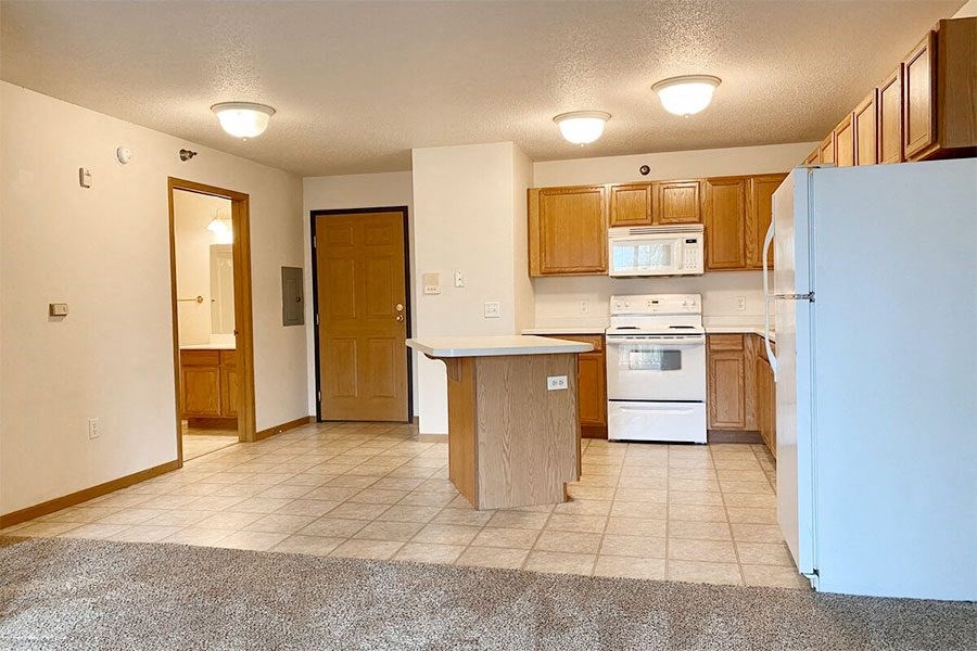an empty kitchen with a refrigerator and a sink