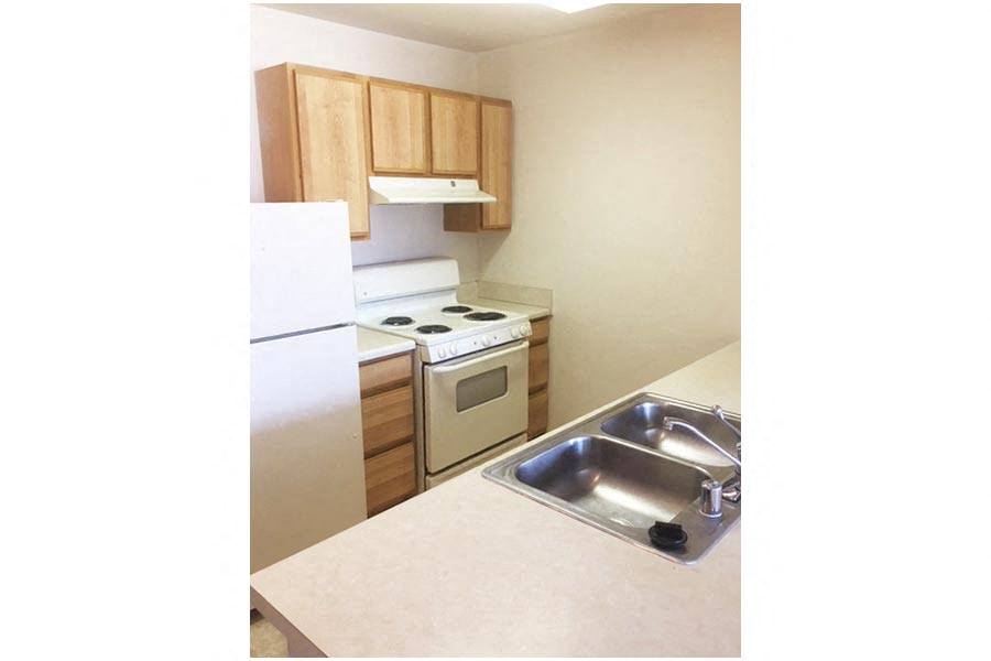 a kitchen with a sink and a stove and a refrigerator