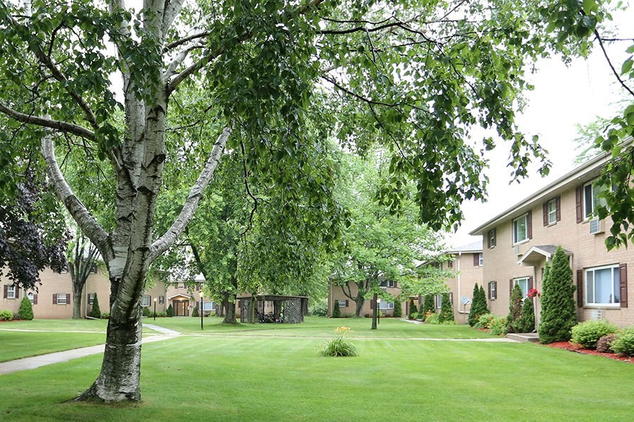 a large yard with trees in front of a building
