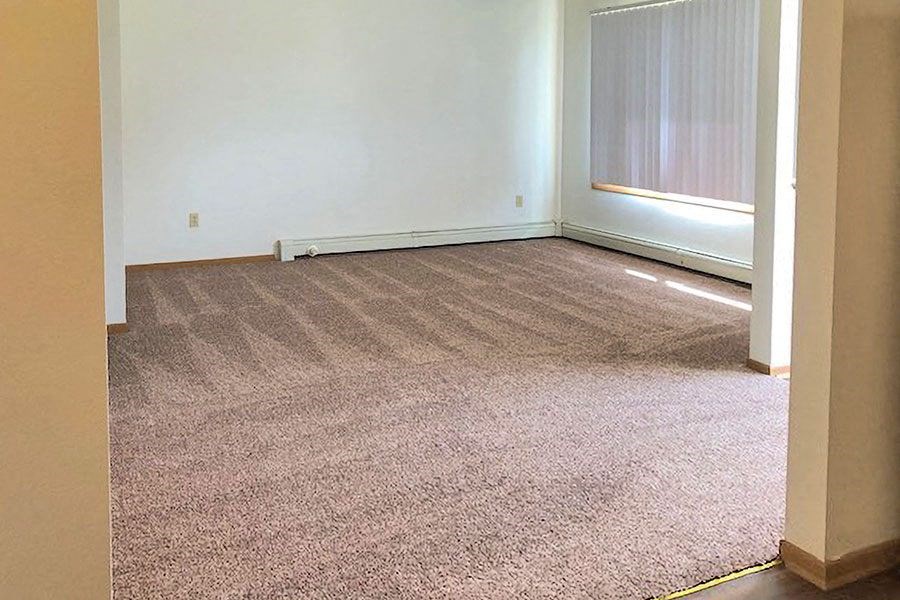 an empty room with a carpeted floor and a window