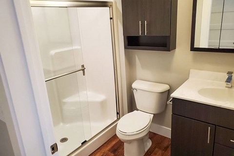 A white toilet sits next to a sink in a bathroom.