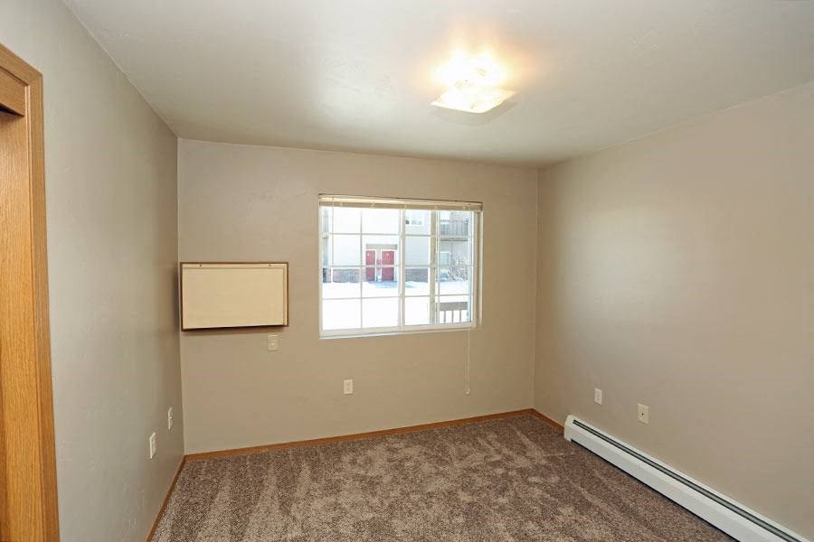 an empty living room with a window and carpet