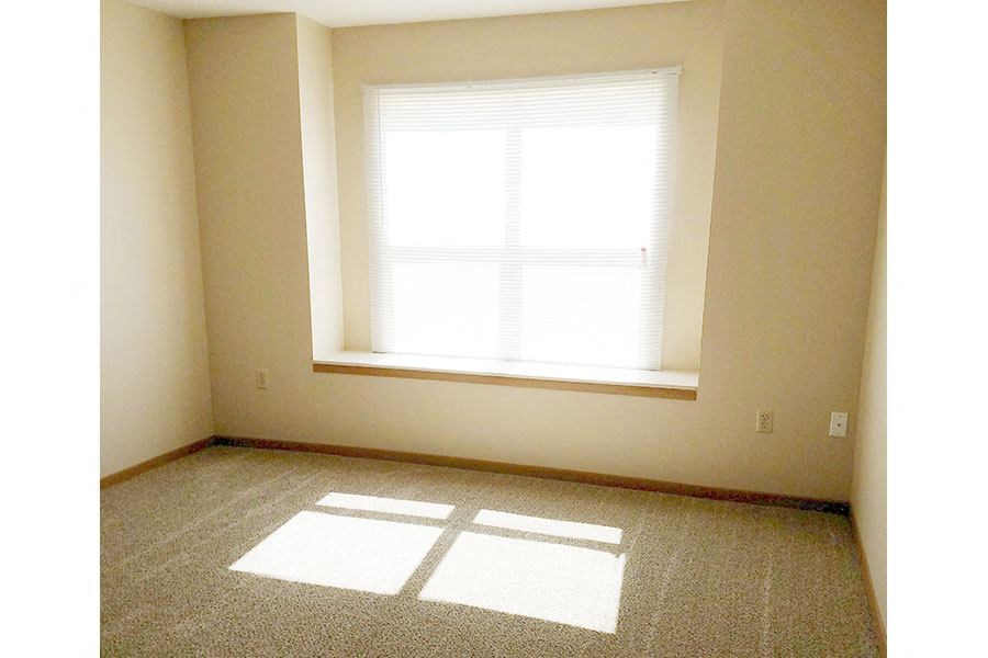 A room with a window and a carpeted floor.