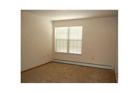 A room with a window and a carpet.