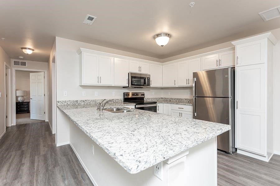 A kitchen with a granite countertop and stainless steel appliances.