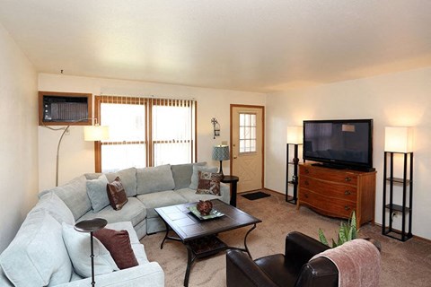 A living room with a grey couch, a black coffee table, a wooden cabinet, and a television.