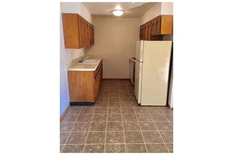 a kitchen with a white refrigerator and a sink