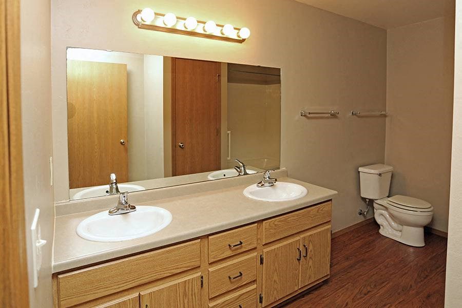 a bathroom with two sinks and a toilet and a mirror