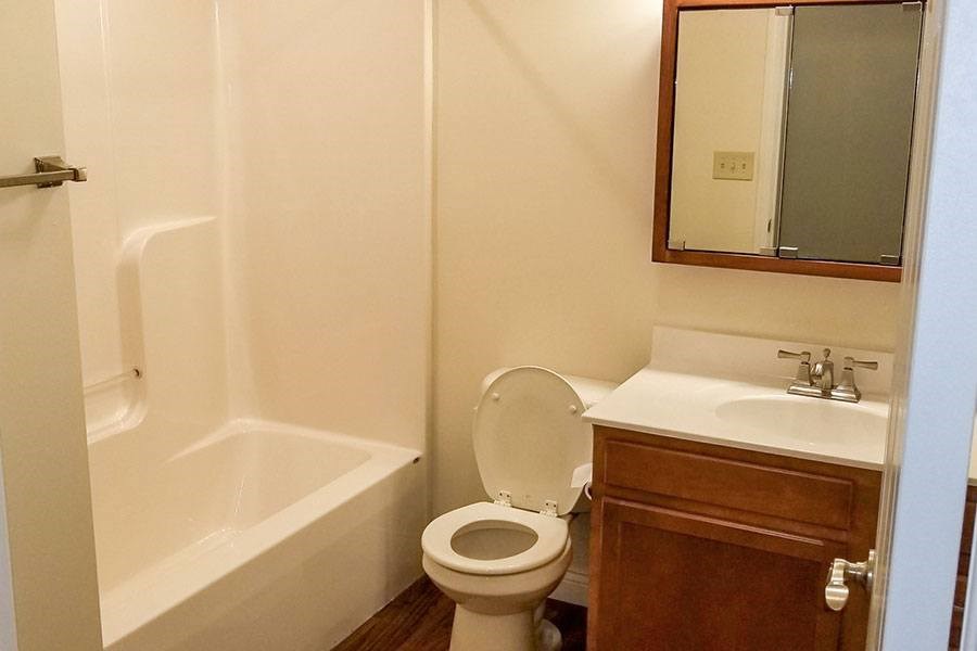 A white toilet sits in a bathroom next to a bathtub.
