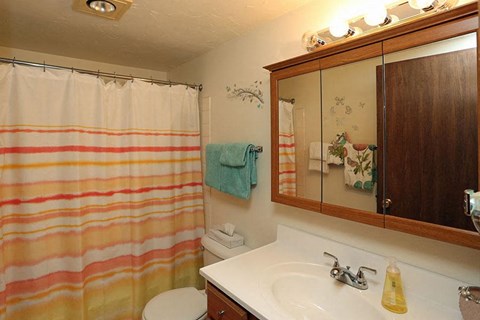 A bathroom with a striped shower curtain and a white toilet.