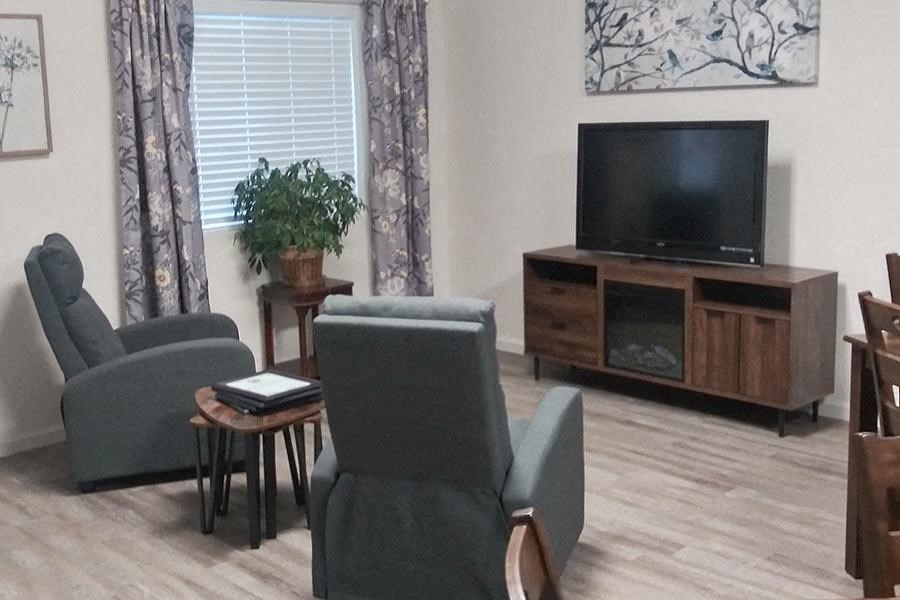 a living room with chairs and a television