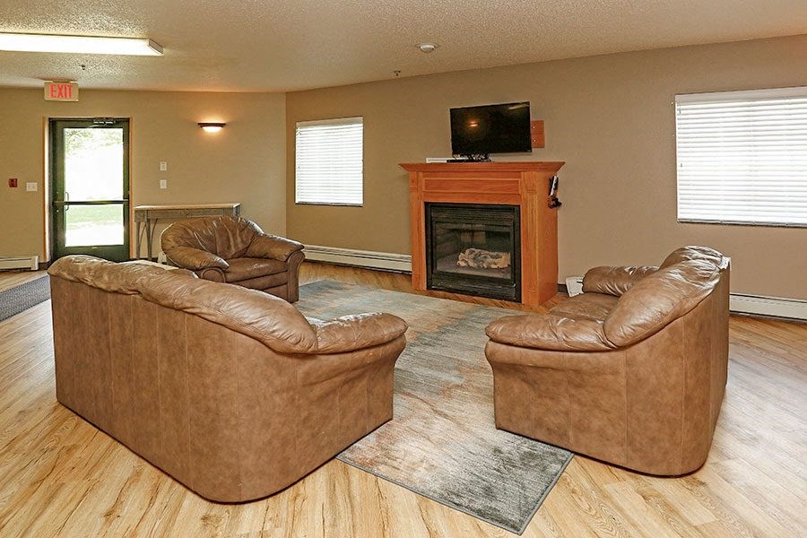 a living room with two couches and a fireplace
