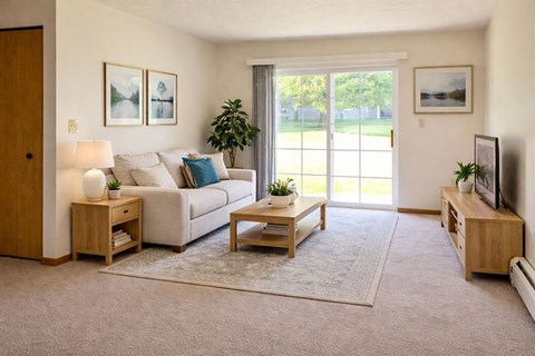 A living room with a couch, a coffee table, and a television.