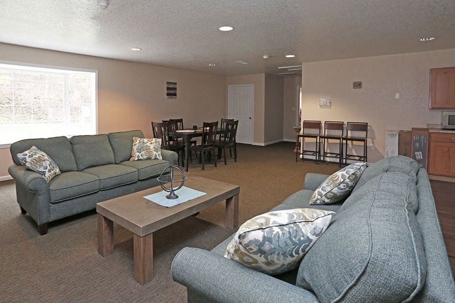 a living room with couches and a table