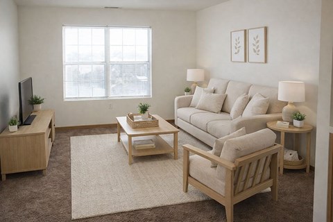 A living room with a couch, coffee table, and television.