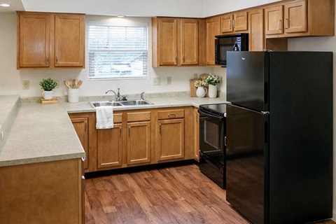 A black refrigerator stands in a kitchen with wooden cabinets and a sink.