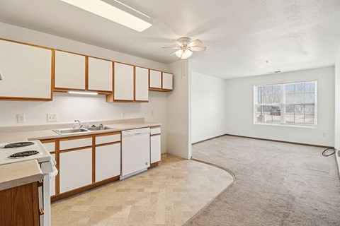 A kitchen with white cabinets and a window.