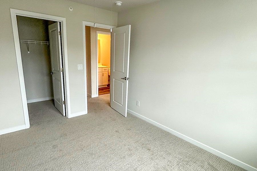 A room with a carpeted floor and two open doors.