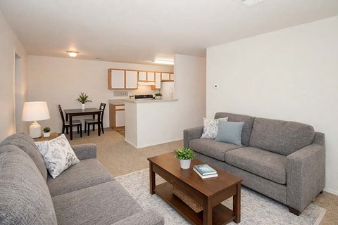 A living room with a grey couch, a wooden coffee table, and a lamp.