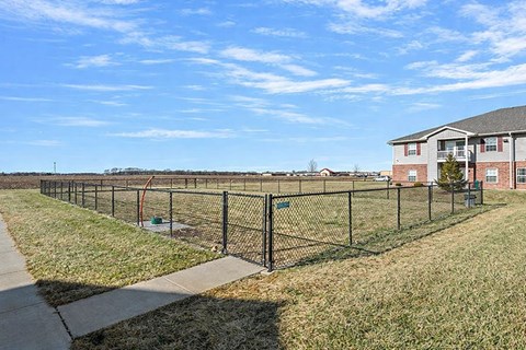 A black fence surrounds a green field with a building in the background.