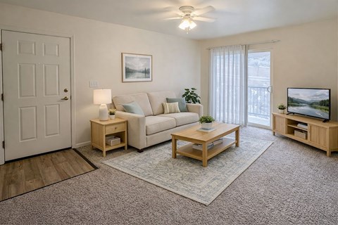 A living room with a couch, a coffee table, and a television.