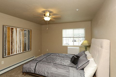 a bedroom with a bed and a ceiling fan