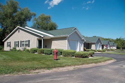 a house with a red fire hydrant in the grass