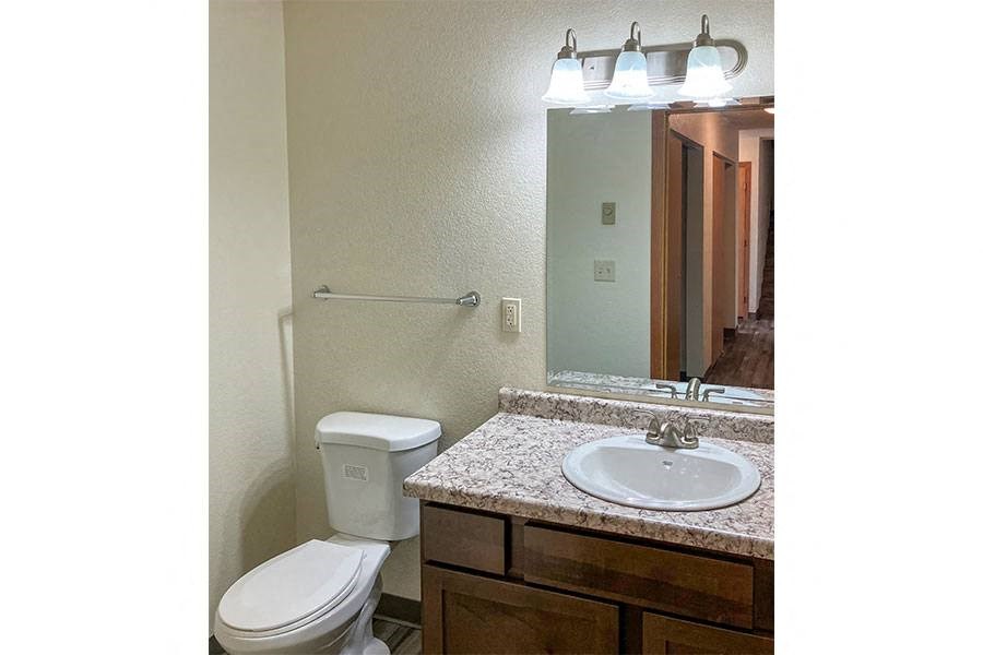 a bathroom with a sink toilet and a mirror
