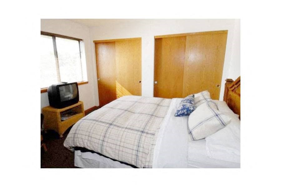 a bedroom with a bed and a tv