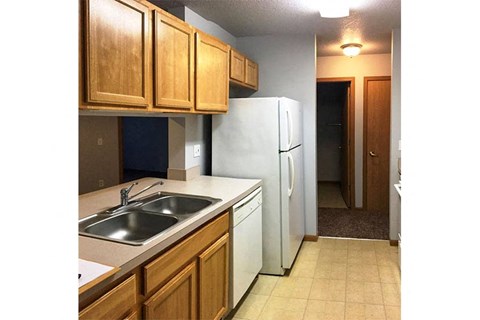 a kitchen with a sink and a refrigerator