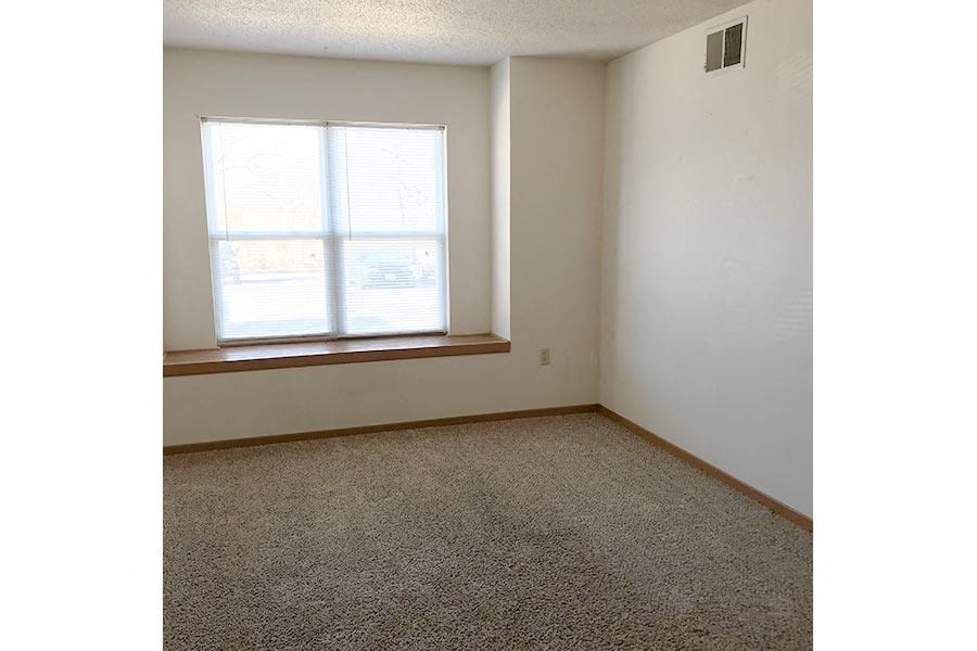 A room with a carpeted floor and a window.