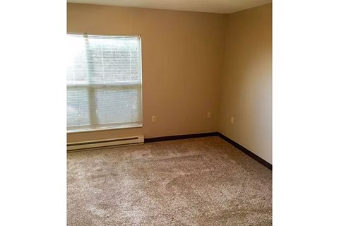 A room with a window and carpeted floor.